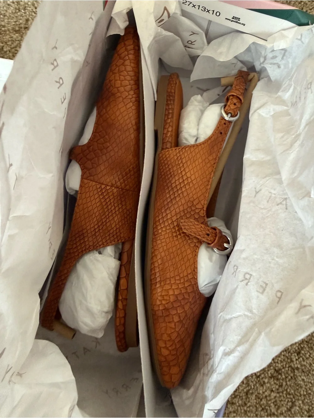 Katy Perry Collections Cognac Textured Square-Toe Buckle Flats